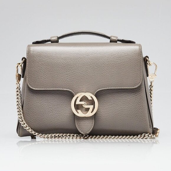 Gucci Grey Pebbled Leather Interlocking Top Handle Bag - Picture 1 of 11